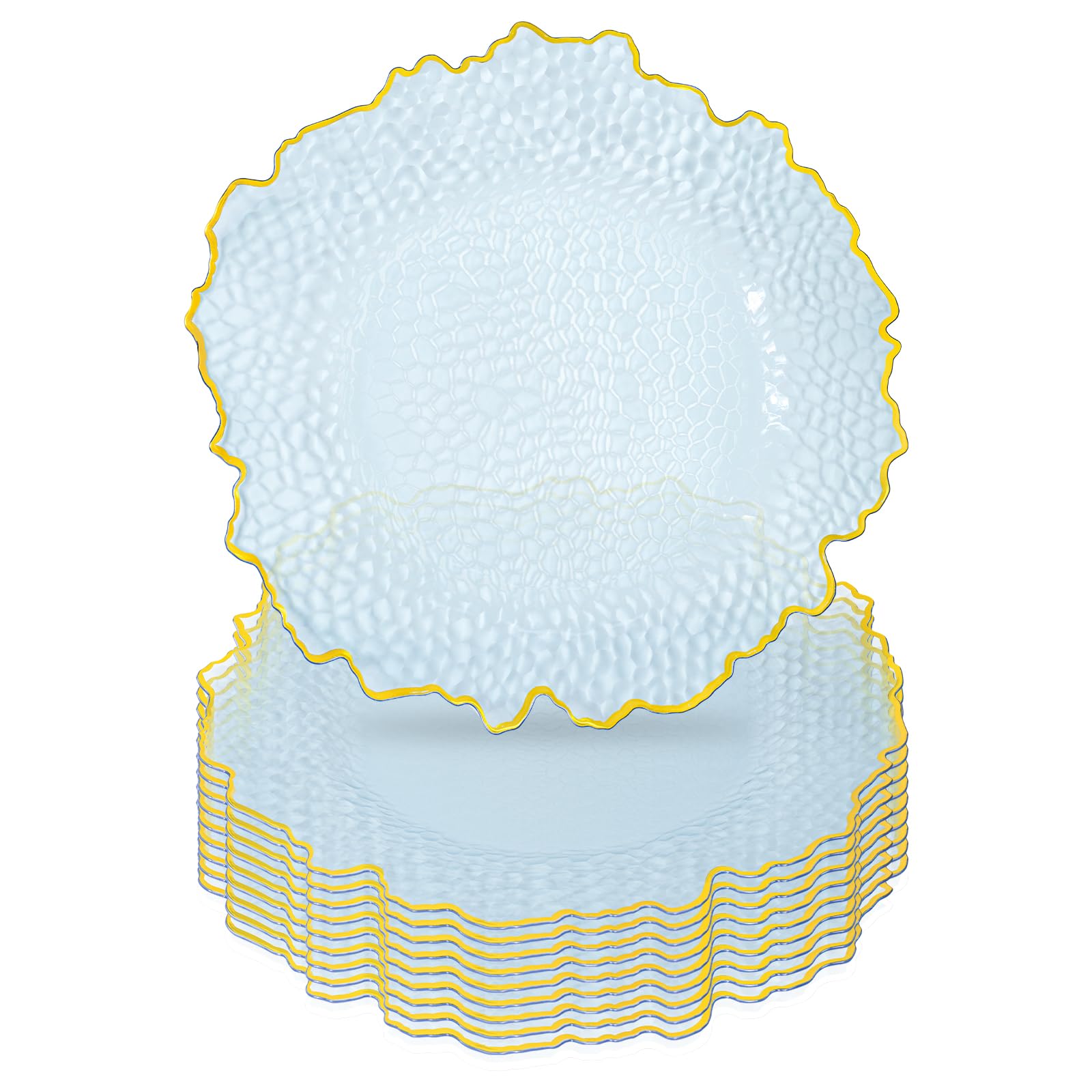 Photo 1 of 10 Pcs Clear Charger Plates 13 Inch Hammered Blue Plastic Charger Plates with Gold Rim, Transparent Blue Chargers for Dinner Plate, Stone Texture Plate Round Chargers for Wedding Party, Event