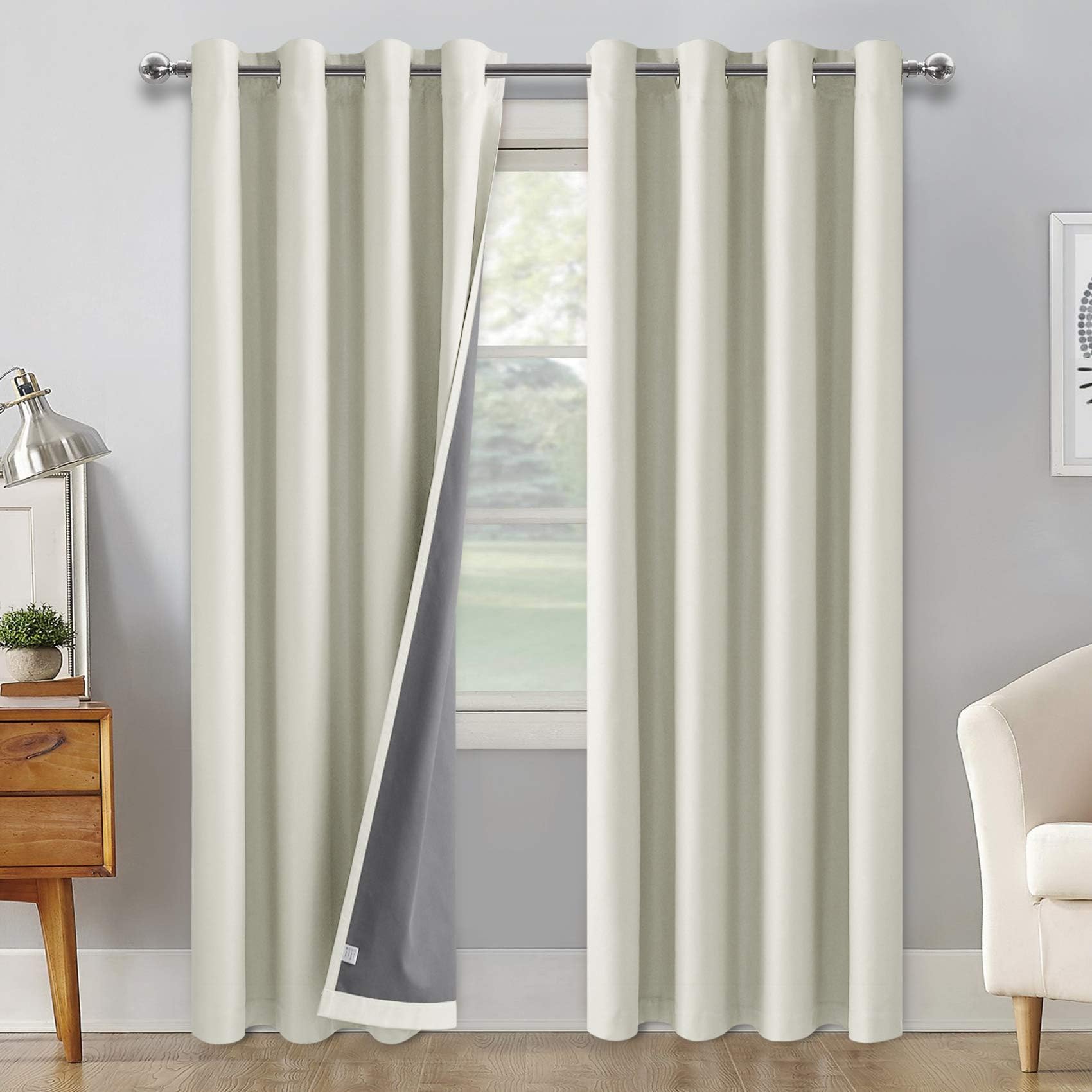 DWCN 100% Blackout Curtains with Thermal Back Coating - Energy Efficient Faux Linen Grommet Curtains for Living Room and Bedroom, Ivory, 52 x 84 inches Long, 2 Panels