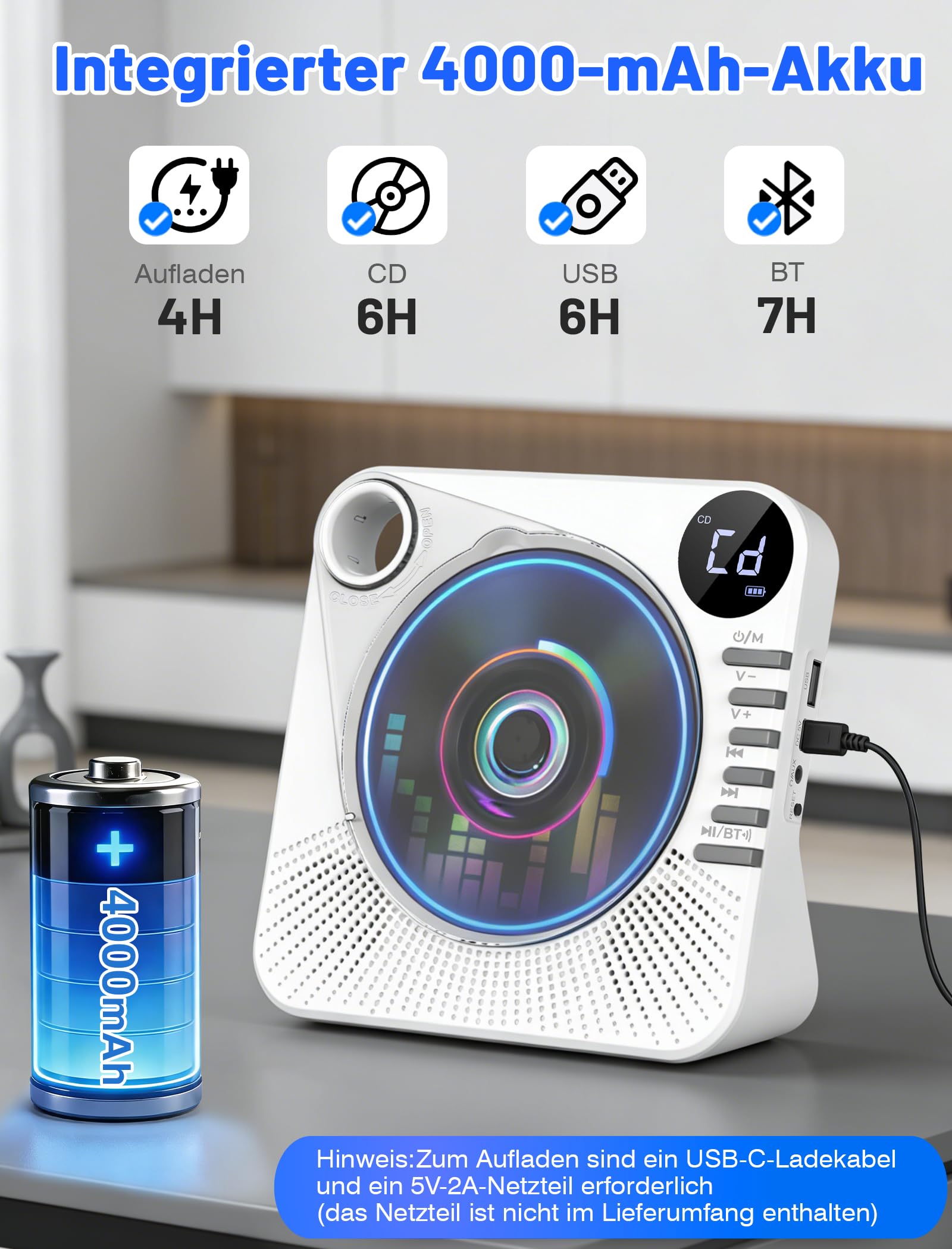 Tragbarer CD-Player 4000mAh Wiederaufladbar, Bluetooth 5.1 mit Stereo-Lautsprechern, Fernbedienung, Staubschutz-Schiebedeckel, Anti-Skip, AUX/USB, CD Spieler für Zuhause & Unterwegs - Weiß 3
