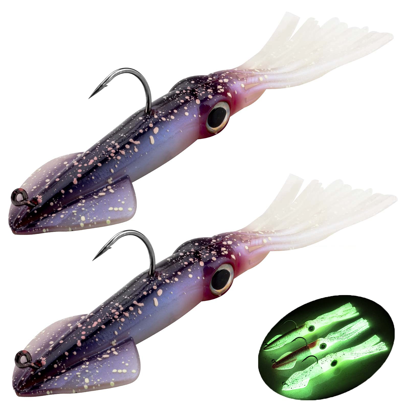 Fishing Squid Lures Kit Pre-rigged Squid Lure Glow In the Dark Squid Jig Octopus Artificial Bait Saltwater Sea Fishing Lures Sinking Lure 35g 2Pcs (B -2Pcs)