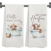 WARDOS Hello Sweet Cheeks Highland Cow Bathroom Hand Towels, Funny Farmhouse Animal Heifer Bathing Decorative Hand Towels for Bathroom Washroom Toilet Restroom, 16x24 Inch Set of 2