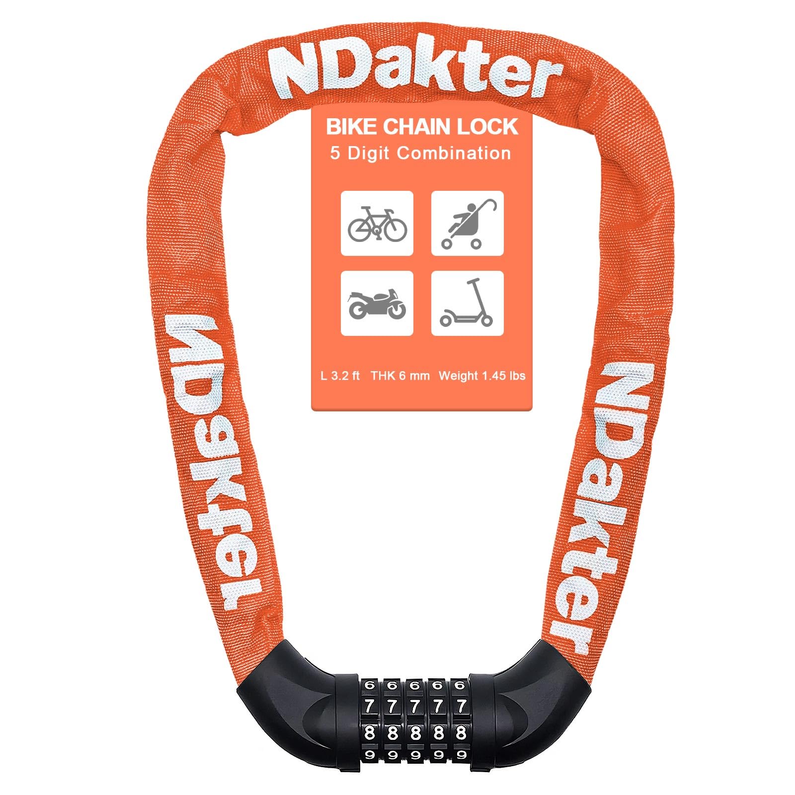 Photo 1 of ***Somebody set a personal combination for the lock and therefore the lock cannot be unlocked using the instructions.***NDakter Bike Chain Lock, 5 Digit Combination Heavy Duty Anti Theft Bicycle Chain Lock,2.62/3.2/4.27/5/6Ft Long Security Resettable Bike