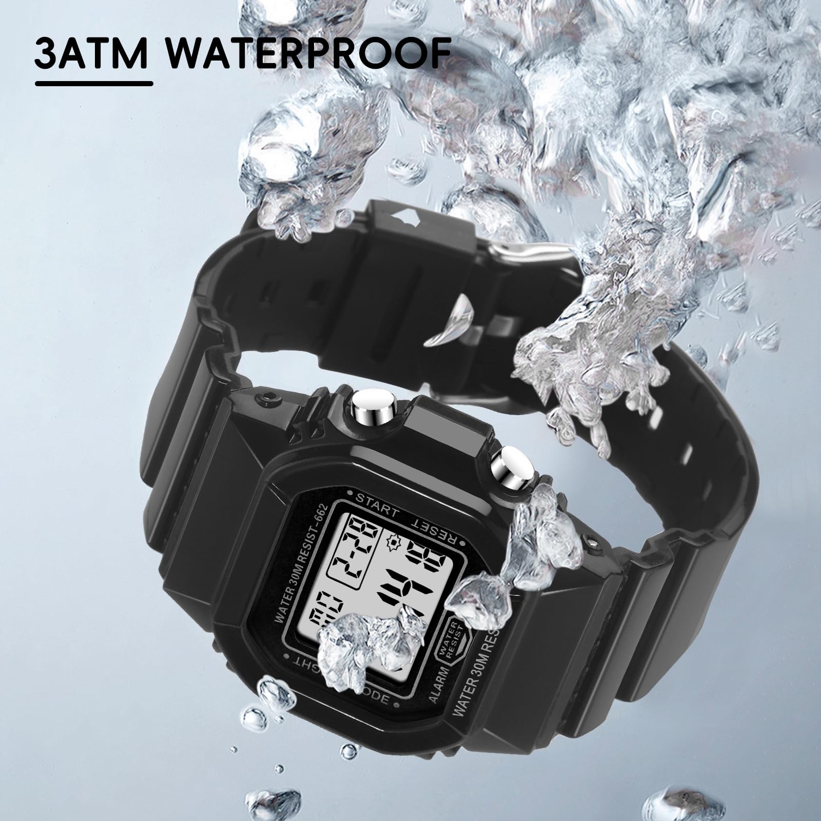 Women Digital Watch Sport Resistant Outdoor Waterproof Electronic Watch with Alarm, Stopwatch, Luminous Night Light Men Military (662 Black Black)