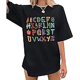 Teacher Shirts Oversized Women ABC Alphabet Teaching Graphic Tshirt Kindergarten Teacher Outfits Gift Short Sleeve Tee Tops
