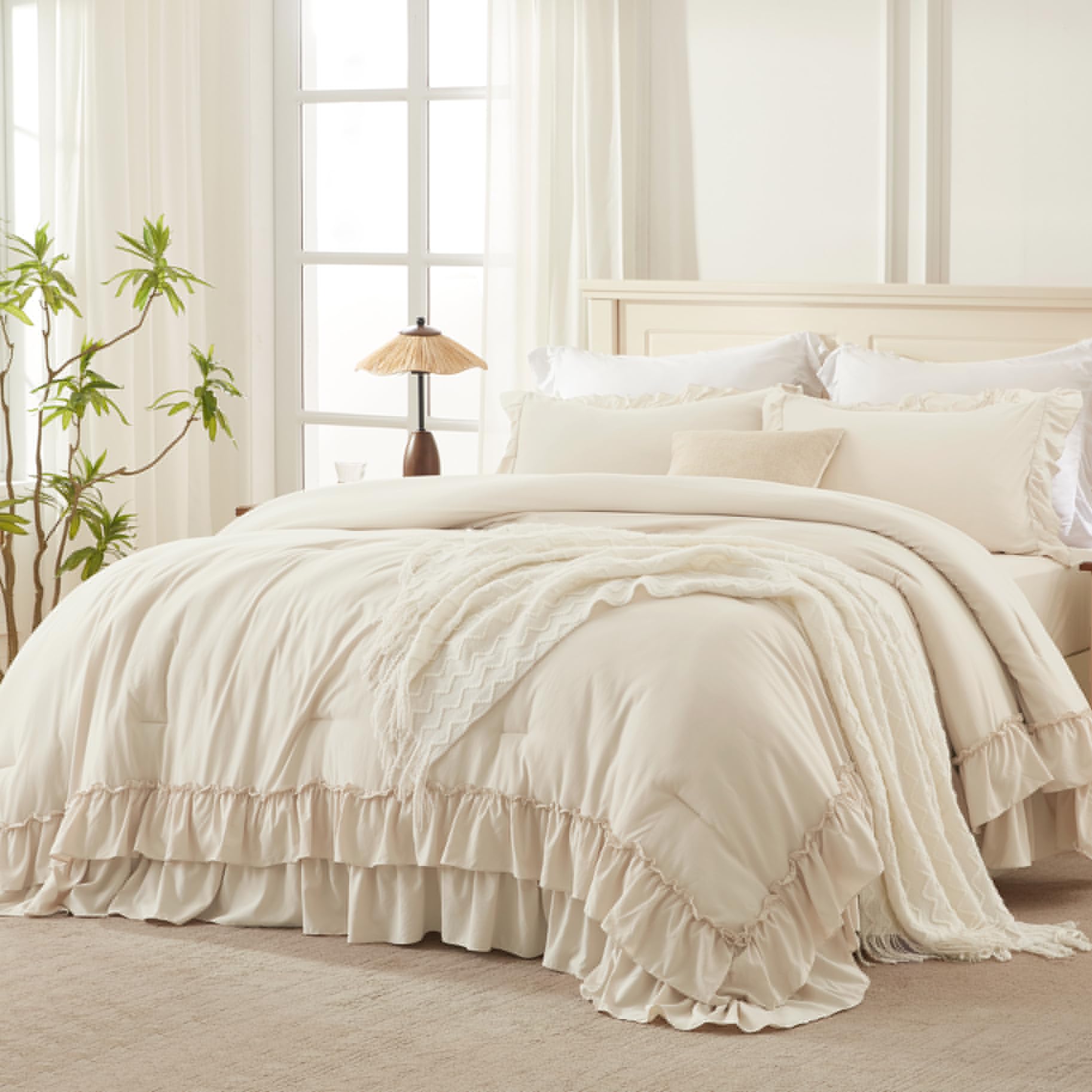 Photo 1 of Andency Super King Plus Ruffle Comforter Set, 3 Pieces Soft Farmhouse Shabby Chic Bedding Set, Lightweight Oversized California King Comforter Set 128x120 (1 Comforter 2 Pillowcases), Beige