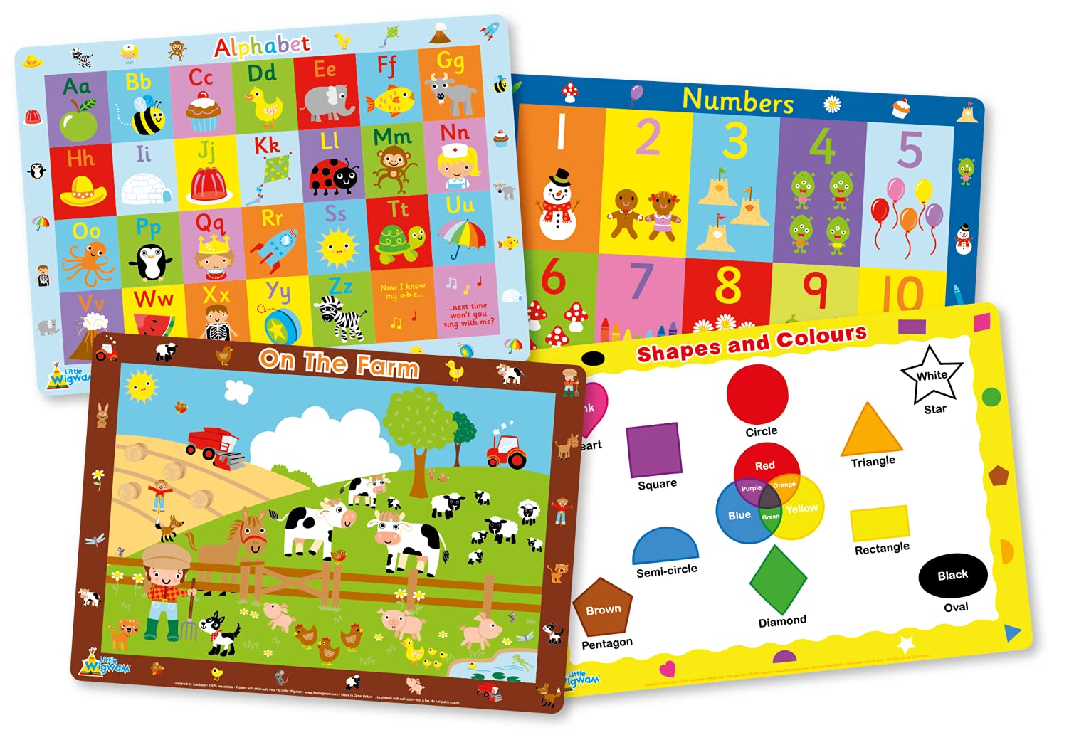 Little Wigwam Toddler Placemat Pack - Set of 4 Educational Placemats - Alphabet, Numbers, On The Farm, Shapes And Colours