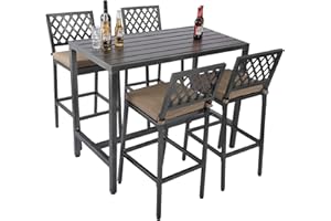 Sumshadow Outdoor Patio Bar Set, Bar Height Patio Dining Set, Weather-Resistant Bistro Counter Pub Set with Cushions & Slatted Tabletop for Backyard, Garden, Yard (55" Table, 4 "X Style Stool, Gray)