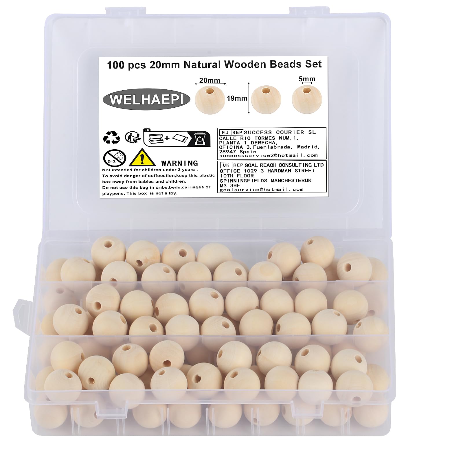 WELHAEPI 100 Pcs Natural Round Wood Beads Set with Storage Box for DIY, Jewelry Craft Making, Crafting, Handmade Decorations, Wooden Decorative Beads (20mm)