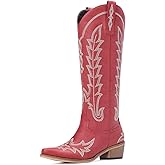 Rivalran Cowboy Boots for Women - Knee High Pointed Toe Chunky Heel Pull On Zipper Western Cowgirl Boots, Retro Country Vintage Fashion Tall Boots