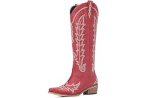 Rivalran Cowboy Boots for Women - Knee High Embroidered Western Cowgirl Boots, Pointed Toe Chunky Heel Retro Country Boots, Pull On Zipper Vintage Fashion Tall Boots for Girls Ladies