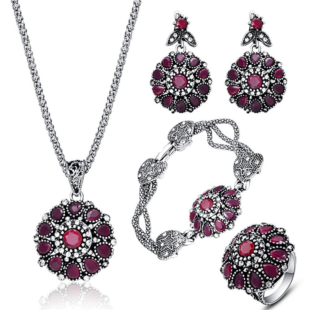 Vintage Gemstone Flower Bead 4pcs Jewelry Set, Women Necklace Earring Bracelet - Blue + Ring Size #8