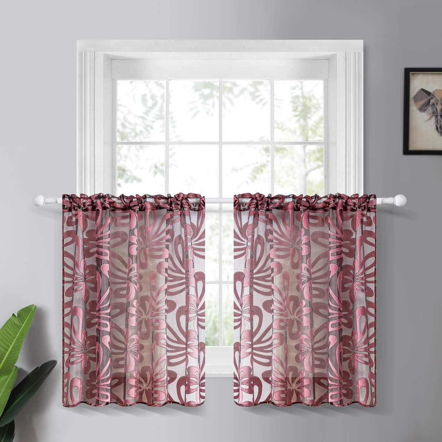 YOKISTG Floral Sheer Kitchen Curtains 24 Inch Length Rod