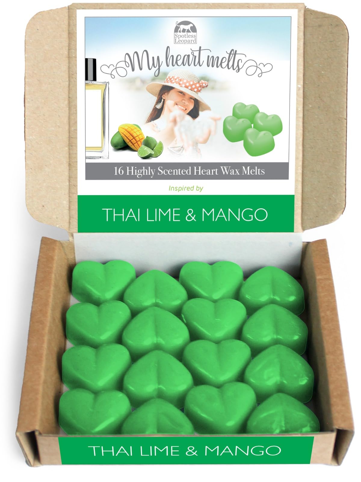 Mango Thai Lime Wax Melts - 16 x 5g Heart Shaped, Delights Fragrance in Presentation Gift Box - Aromatic Treasures by Spotless Leopard - Gift for Scent Enthusiasts - Made in UK
