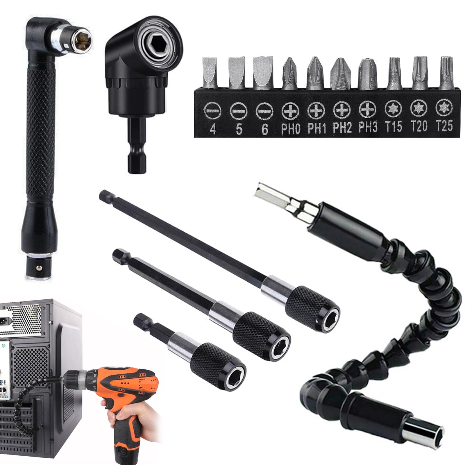iTYOOS 16 Pcs Corner Screwdriver, Corner Screwdriver Attachment, Corner Screwdriver Set, Cordless Screwdriver Corner Attachment, Cordless Screwdriver 105° Corner Attachment, Hex Shank Extension Rod