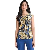 Kasper Womens Multi Floral Pleat Neck Knit Top with Hardware