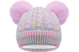 ACTLATI Girls Rainbow Pom Pom Beanies Hats Winter Knit Fleece Lined Beanie Hat for Kids Outdoor Snow Ski Skull Cap Age 7-12