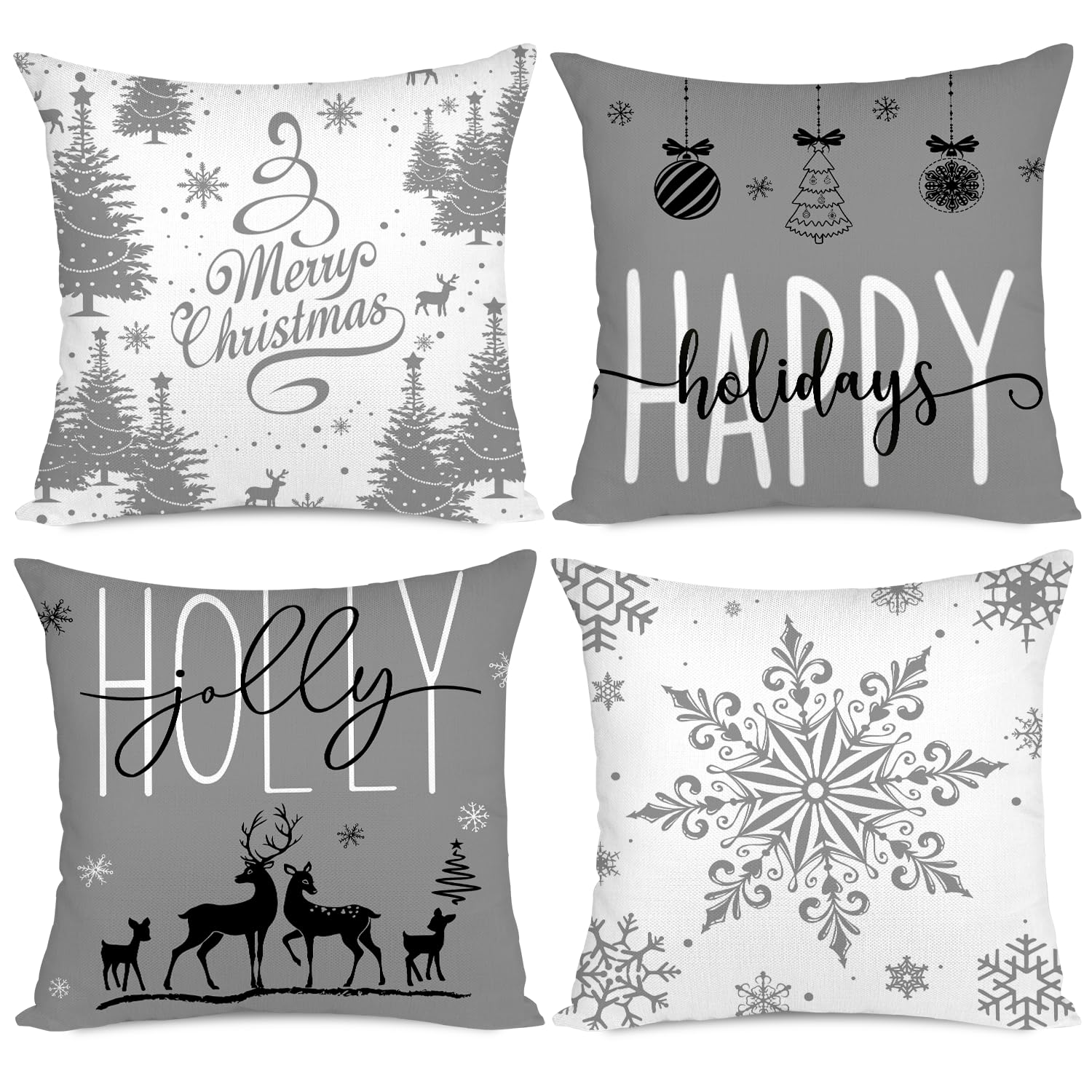 Miaikoe Grey Christmas Cushion Covers 45x45 Set of 4 Christmas Decorations Happy Holidays Holly Jolly Snowflake Merry Christmas Decor Throw Cushion Case for Home Couch Sofa Deco