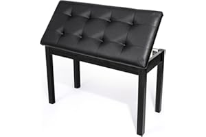 UISCOM Duet Piano Bench with Padded Cushion and Storage - Solid Wood Keyboard Bench Bookcase Stool Chair Seat Vanity Stool Tufted Wooden Piano Seat, Comfortable Sponges Pad,Black