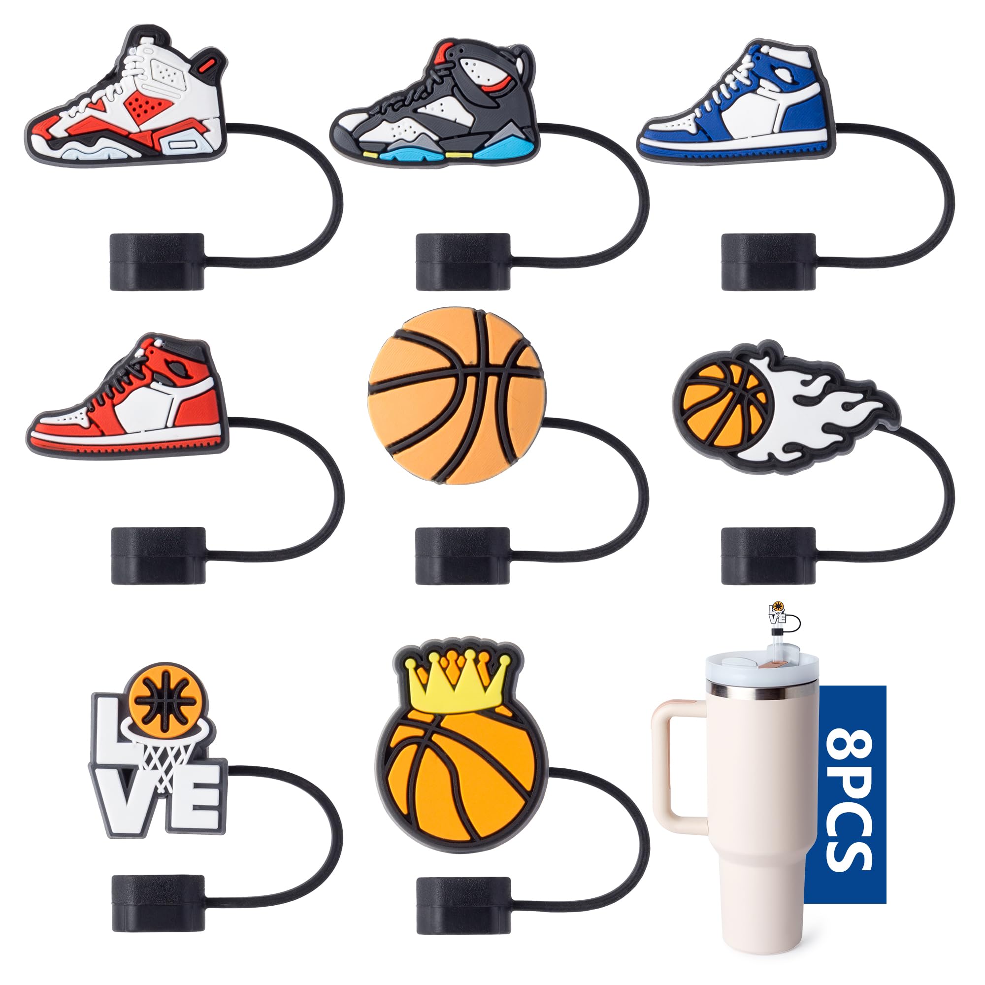 Photo 1 of 8-Piece Basketball Series Straw Covers for Stanley Cup, 0.4in/10mm Diameter Straw Toppers Cap,Compatible with Stanley 20 30&40 0z Cup, Dust-Proof Straw Caps for Water Bottle