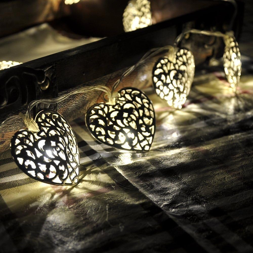 20x Metal Moroccan Warm White LED Heart Fairy String Lights Battery Operated - Image 5