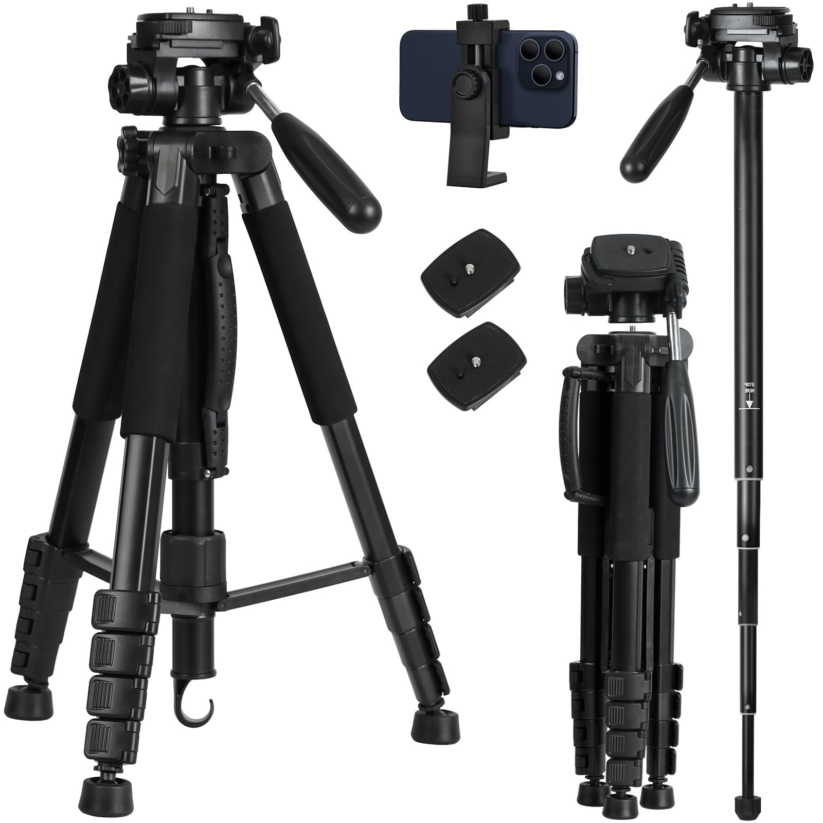Camera Tripod, LINKCOOL 72 Inch Aluminum Monopods for Cameras Lightweight and Compact for Travel with Detachable 3-way Swivel Head and Quick Release Plates for DSLR Video Shooting