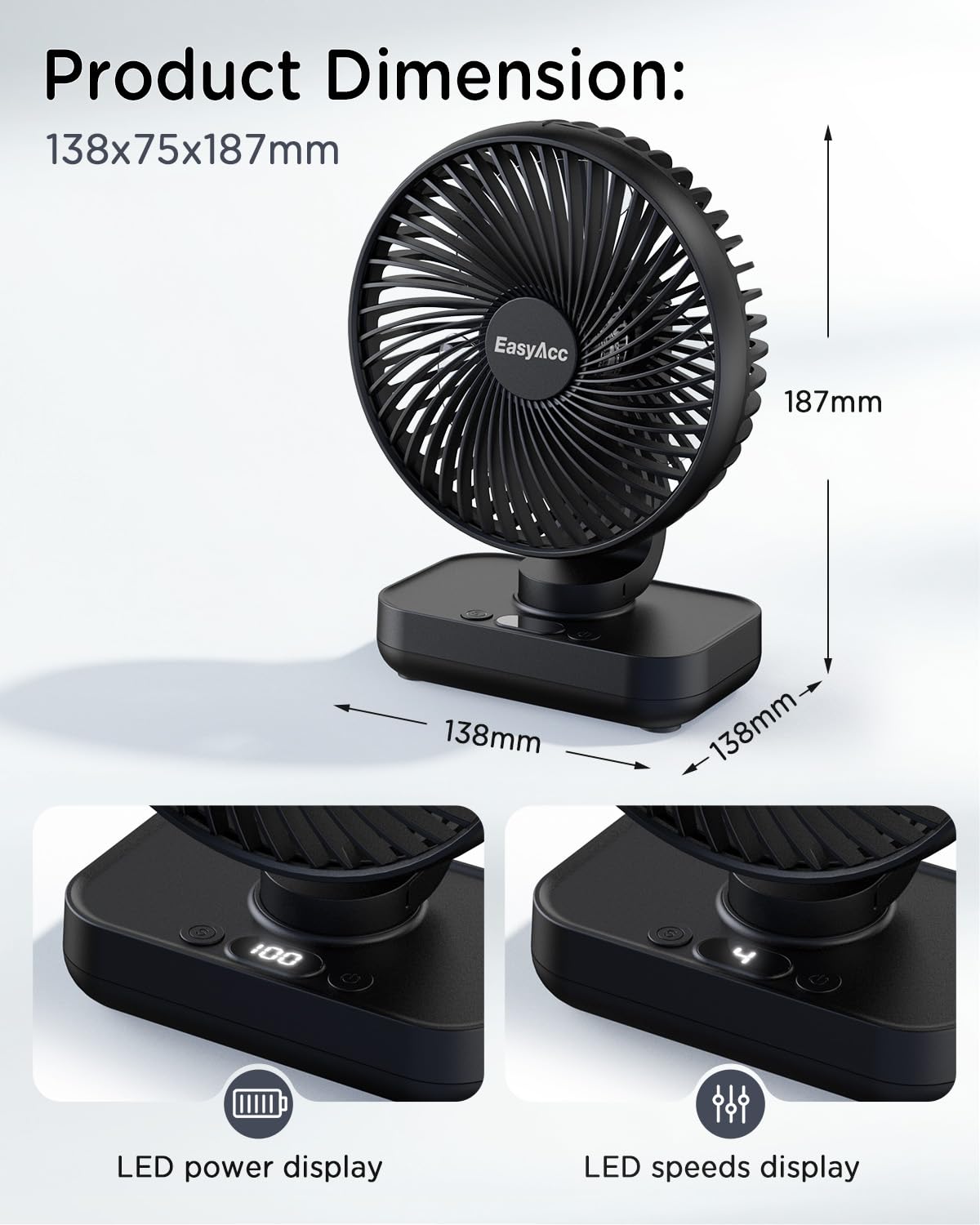 EasyAcc Small Oscillating Fan - 4000mAh, 5-23 Working Time, Rechargeable Desktop Air Circulate Fan with 4 Speed for Home Office