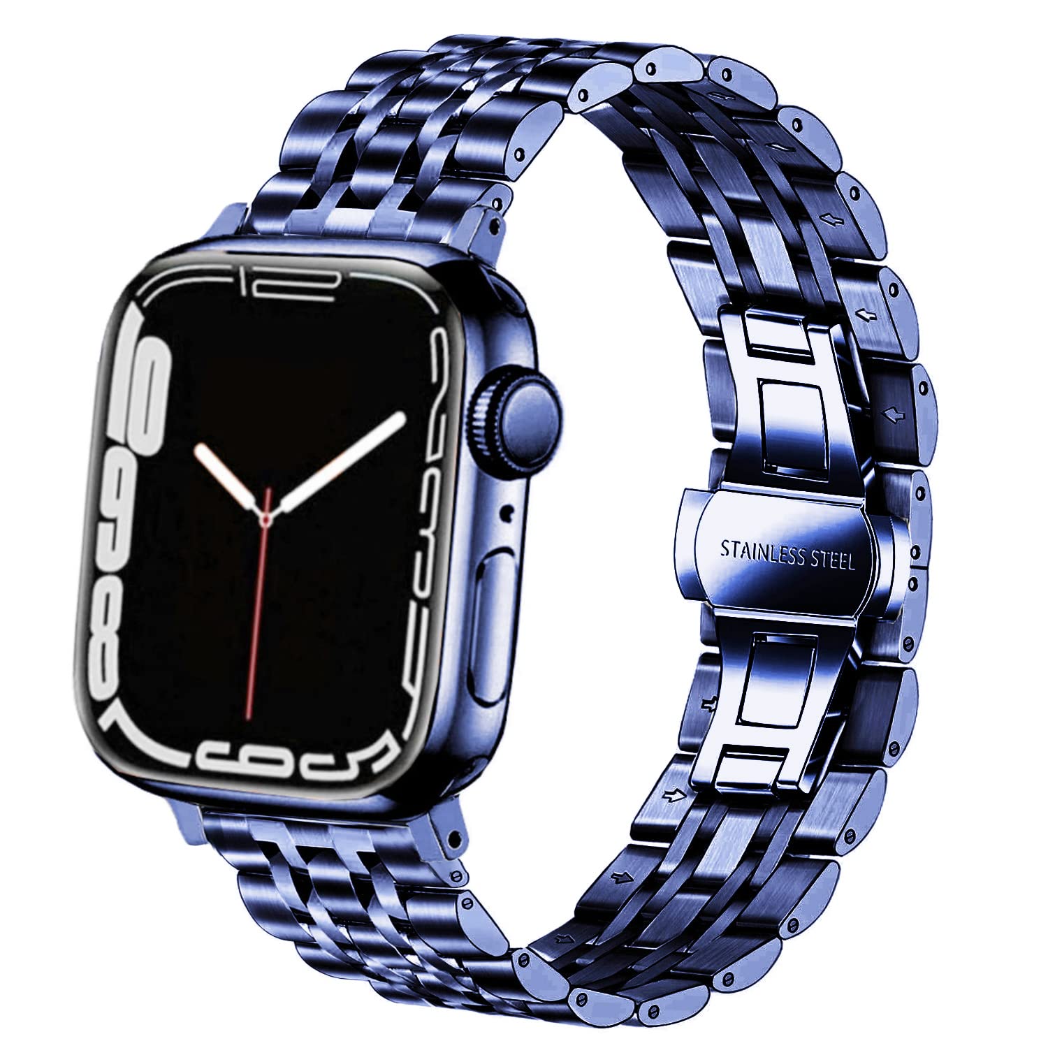 DEALELE Strap Compatible with iWatch 42mm 44mm 45mm 49mm, 7-Rows Stainless Steel Metal Replacement Bands for Apple Watch Series 8 / 7 / 6 / 5 / 4 / 3 / SE / Ultra Women Men (Blue)