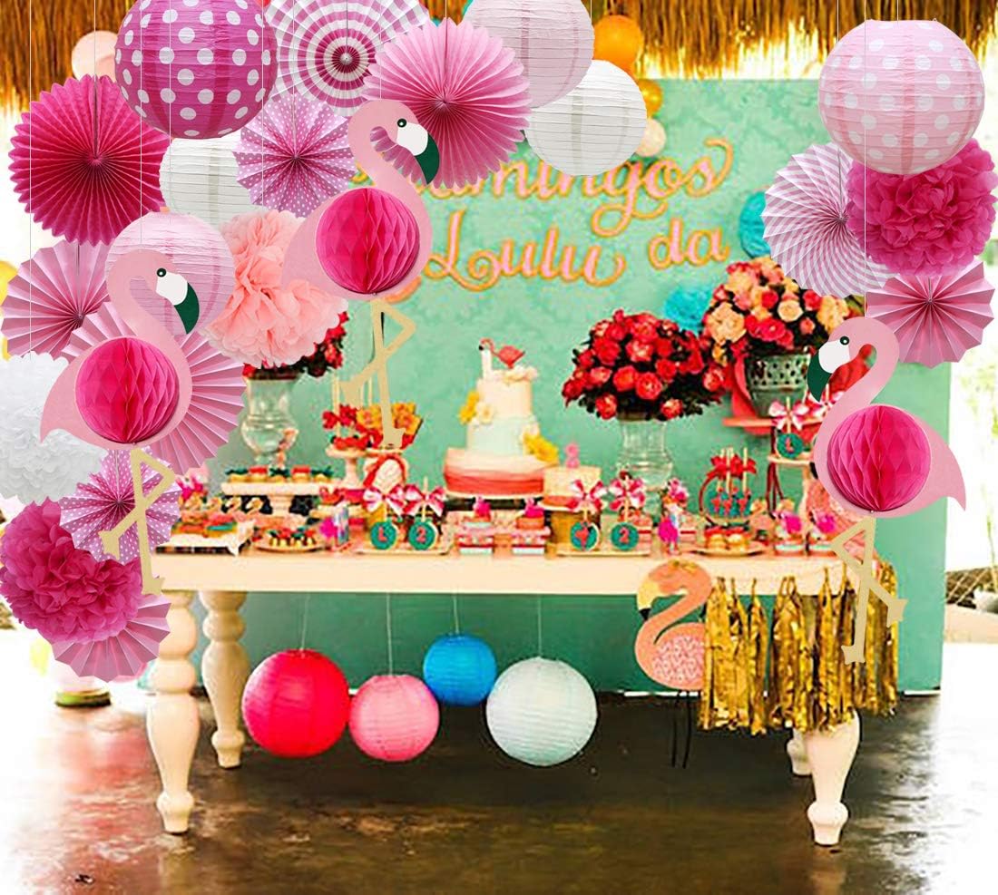 Meiduo Tropical Flamingo Party Honeycomb Decoration, Hawaiian Summer Party Supplies for Adults Kids Birthday Bridal Shower with Flamingo Paper Fans Pom Poms Flowers Paper Lanterns (Pink): Home Improvement