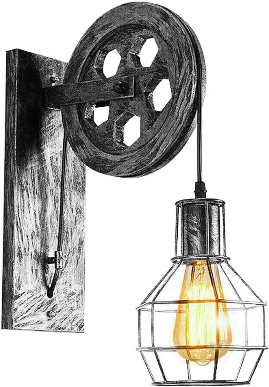 LEDSone Industrial Style Vintage Wall Lights Indoor Pulley Wheel Brushed Silver Wire cage E27 Wall Sconce Fixture for Home Décor, Bedroom, Living Room, Hallway,Bar, Restaurant