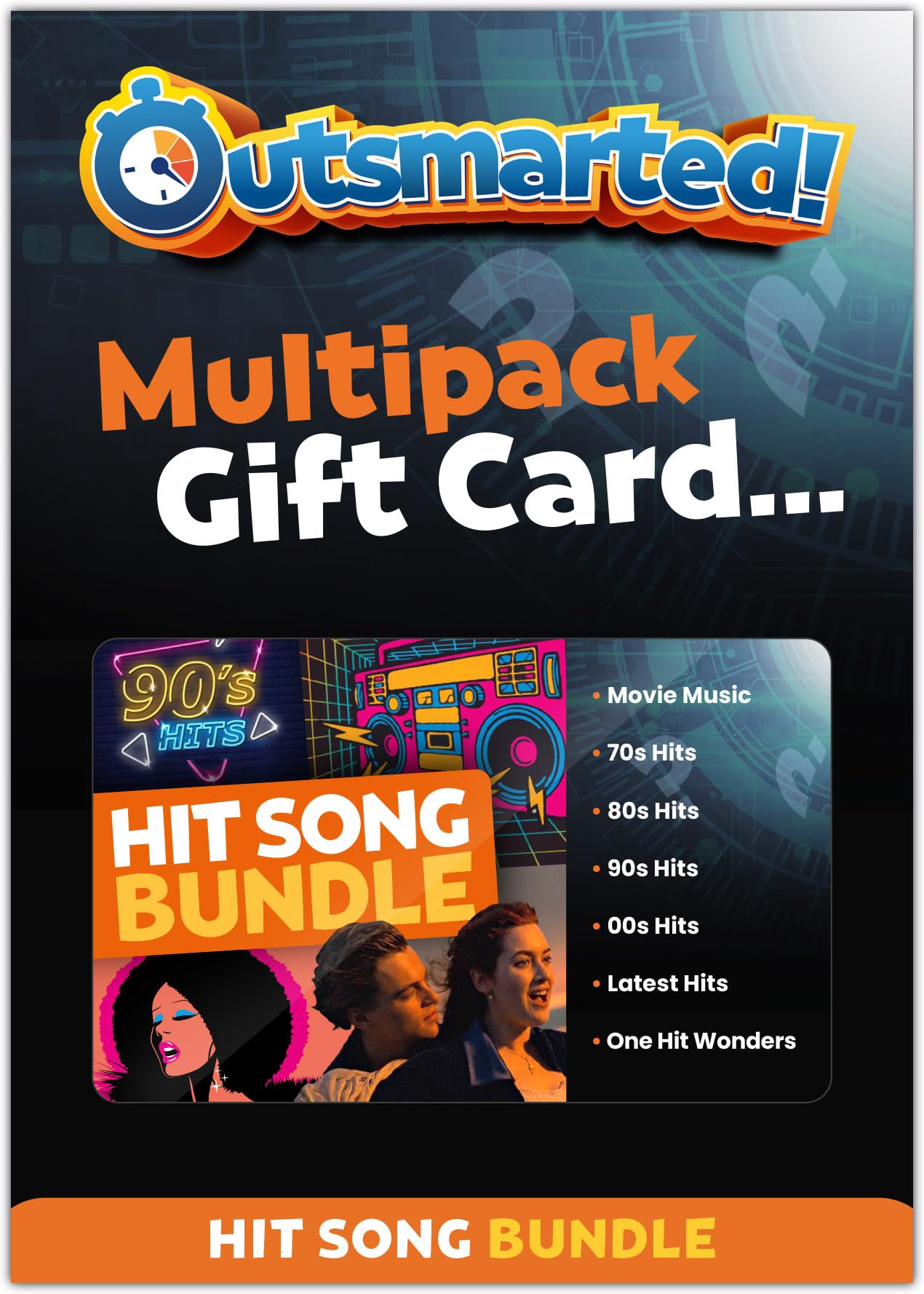 Outsmarted! - The Live TV Quiz Show - Multipack Gift Card - Hit Song Question Bundle - Over 700 Questions, Family Games Night - Ages 8+