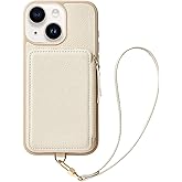ZVE Wallet Case for iPhone 15, Phone Case with Card Holder Wrist Strap Compatible iPhone 15, RFID Blocking Zipper Leather Gift Cover for Women for iPhone 15, 6.1"(2023) - Beige