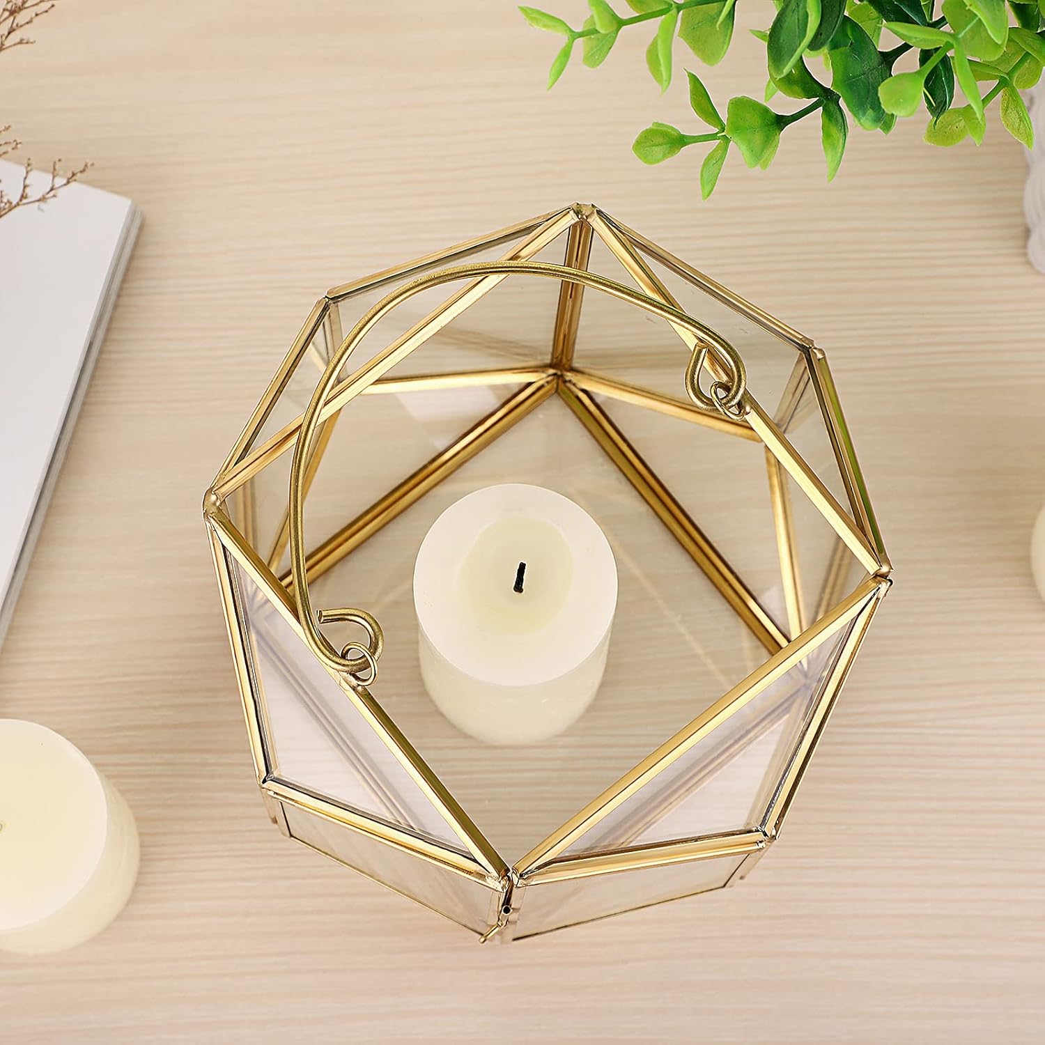 OwnMy Decorative Hurricane Candle Holder Gold Candle Stand Geometric Candle Lantern Metal Pillar Candle Stand with Handle, Glass Terrarium Vase Candlestick Holder for Wedding Table Centerpiece, Medium: Kitchen & Dining