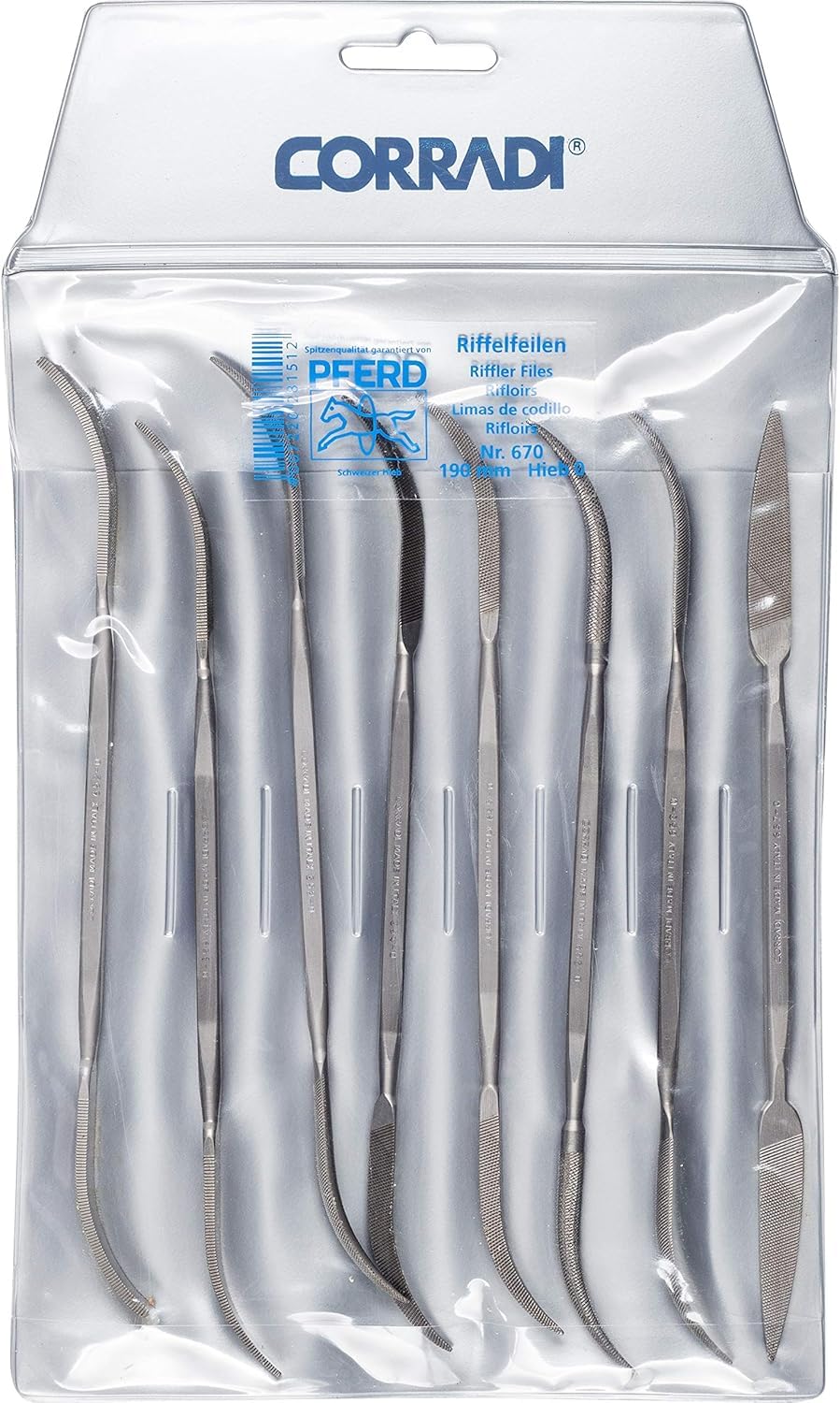 Corradii Corrugated File Set, 8 Pieces, Swiss Cut 0, 190 mm, 19506702 - Suitable for Coarse Precision Machining of Hard-to-Reach Areas