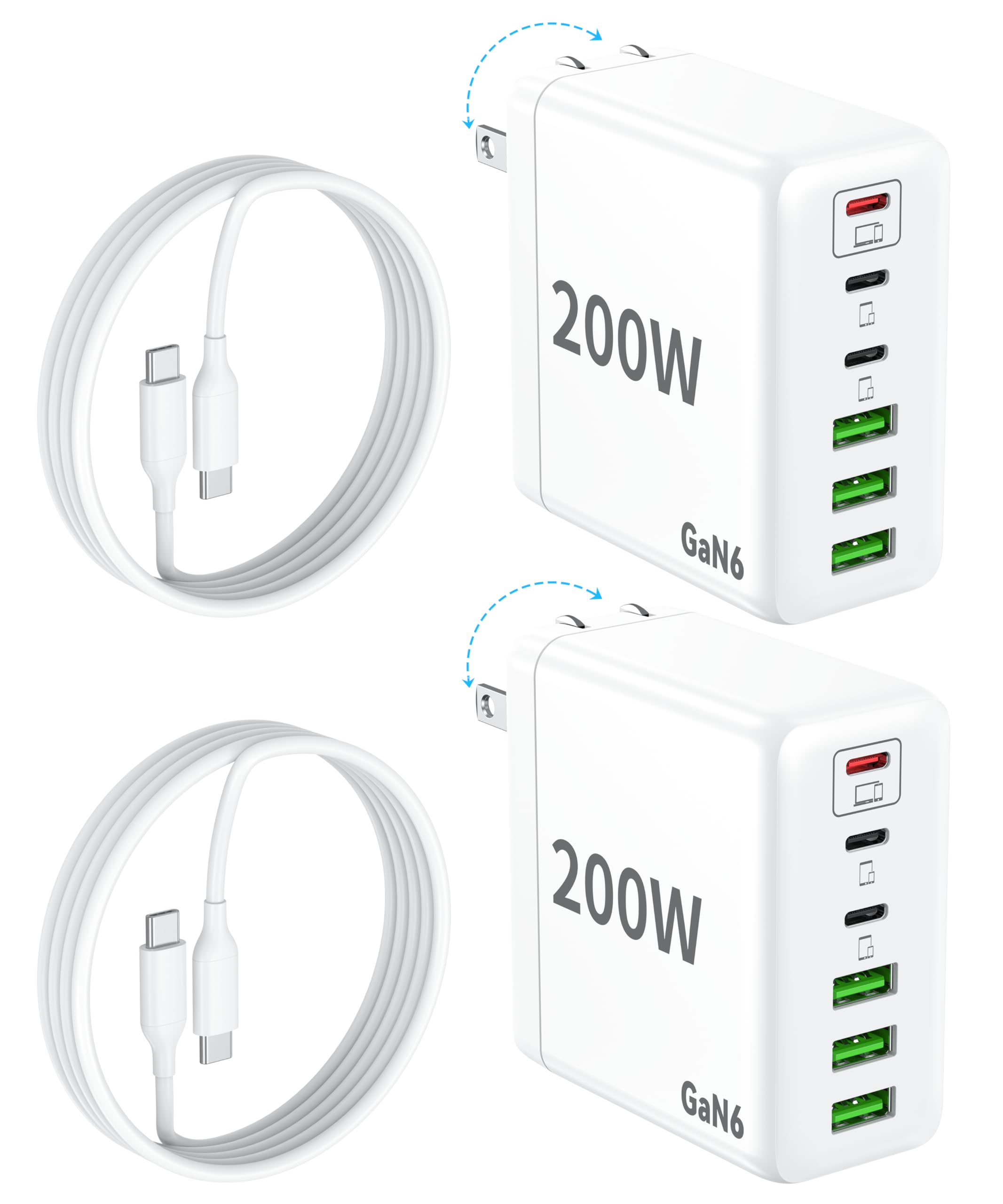 Photo 1 of 2 Pack USB C Charger Block, 200W GaN Super Fast Charger Type C iPhone 17 16 Fast Charging 6 Port Foldable PD Charging Station for All iPhone/Android Phone Samsung Galaxy S25/S24/MacBook iPad