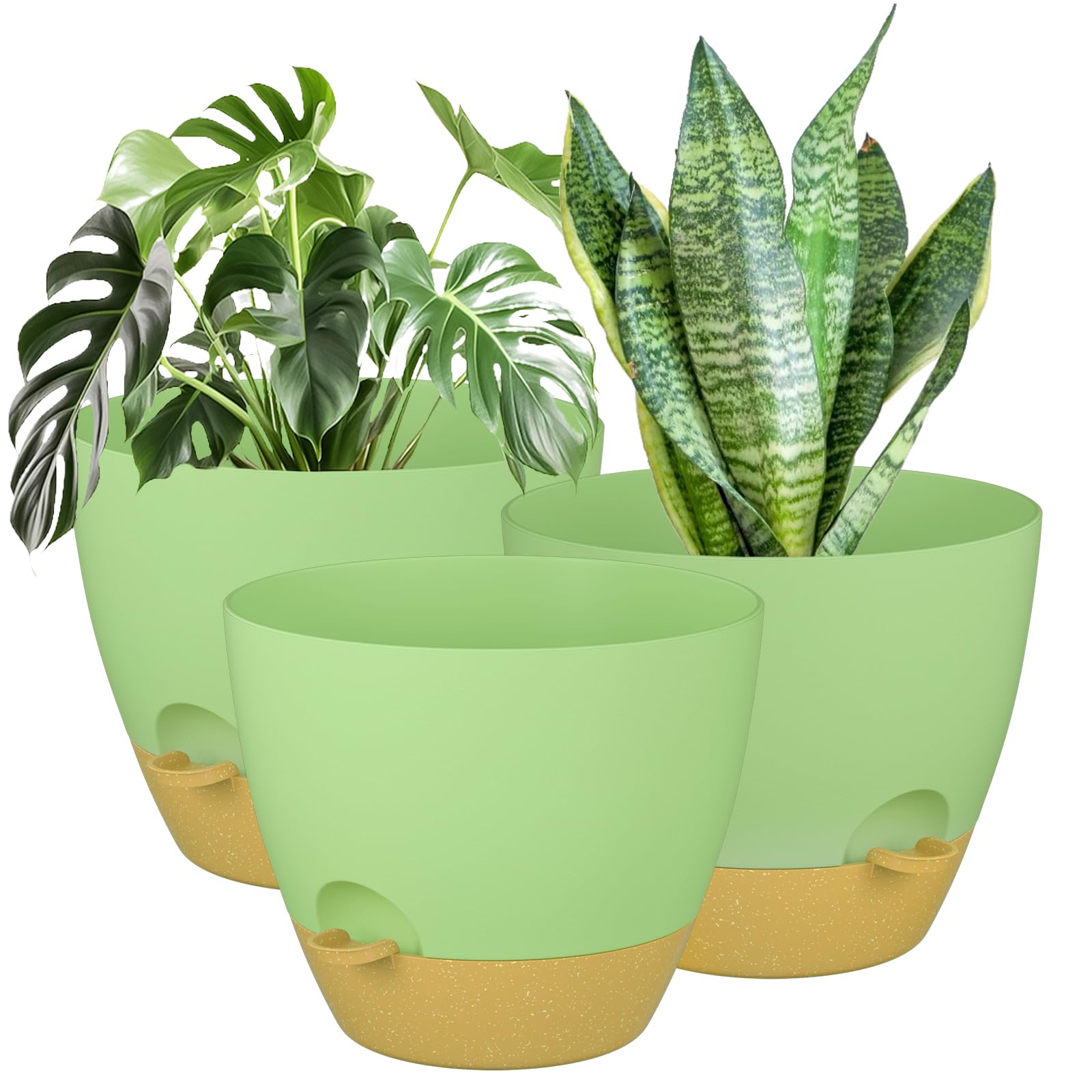 ZMTECH 3Pcs 12Inch Plant Pot Planter for Indoor Plants Self Watering Large Flower Pot with Drainage Holes and Saucer for Outdoor Plants(Green with Brown) Image ZMTECH 3Pcs 12Inch Plant Pot Planter for Indoor Plants Self Watering Large Flower Pot with Drainage Holes and Saucer for Outdoor Plants(Green with Brown) Image