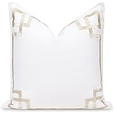Hofdeco Premium Coastal Patio Indoor Outdoor Throw Pillow Cover Only, 20"x20" Water Repellent for Backyard, Couch, Neutral Tan Embroidered Frame Greek Key