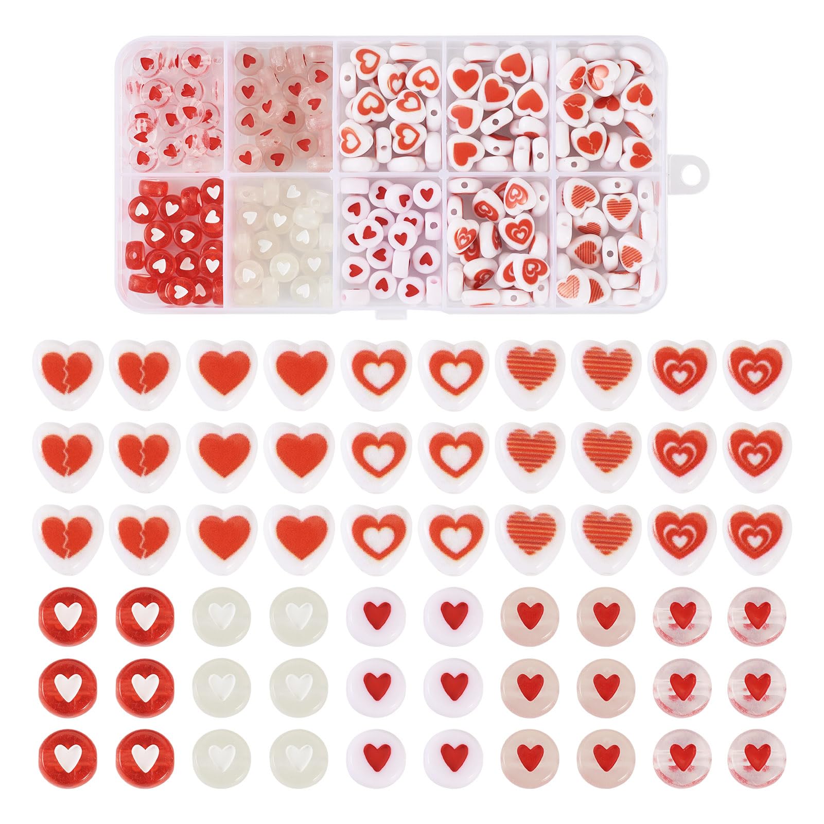 Crafans 200Pcs Red Heart Acrylic Beads Transparent&Luminous&Opaque Heart Spacer Beads Assorted Hearts Loose Spacer Bead Friendship Bracelet Bead Bulk for DIY Necklace Valentine' s Jewelry Making