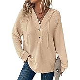 Hoodies for Women Comfortable Waffle Knit Long Sleeve Drawstring Button V Neck Casual Pullover Sweatshirt Hooded Tops