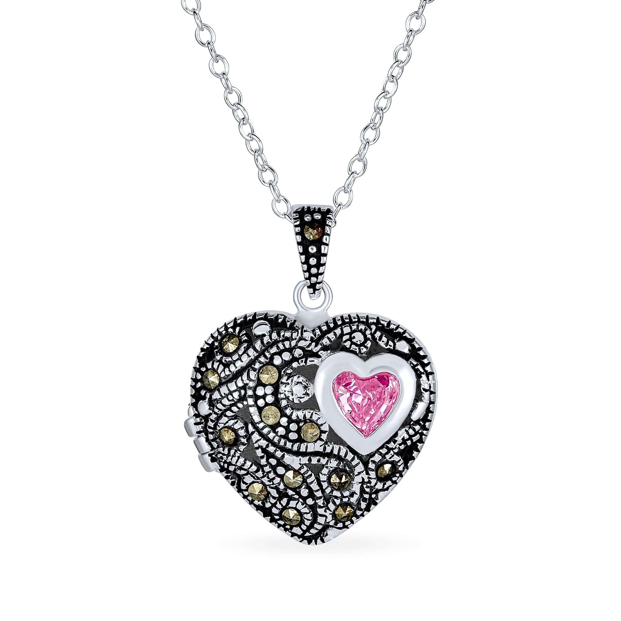 Personalized Marcasite Pink Simulate Tourmaline CZ Vintage Antiqued Style Filigree Aromatherapy Perfume Diffuser Heart Shape Locket Necklace For Women Rose Gold .925 Sterling Silver Customizable