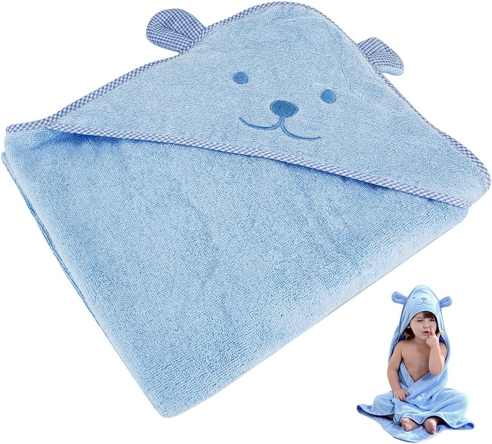 Baby Hooded Bath Towel Soft Thick Antibacterial Hypoallergenic Newborn Towel Wrap Robe Blanket with Hooded for Bath Pool Beach Shower Gift 0-6 Years Old 90X90CM (Blue)