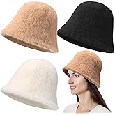 Shyyween 3 Pcs Faux Fur Bucket Hat Women's Fuzzy Bucket Hat 55-58 cm Adjustable Furry Warm Fisherman Cap for Women Men Cold Weather Warm Hats White Black Khaki
