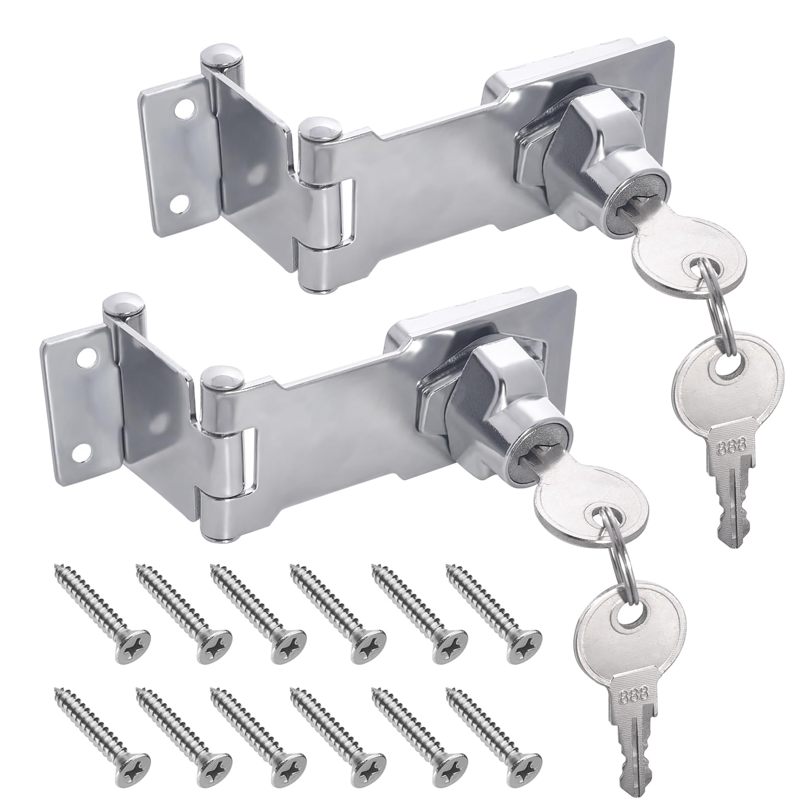 2PCS Hasp Locks, 3 Inch Silver 90/180 Degree Door Lock Hasp Latch Barn Door Lock, Rotary File Cabinet Lock Double Hinge Hasp with Screws for Cupboard, Barn Door, Outdoor, Garden (Individual Key)
