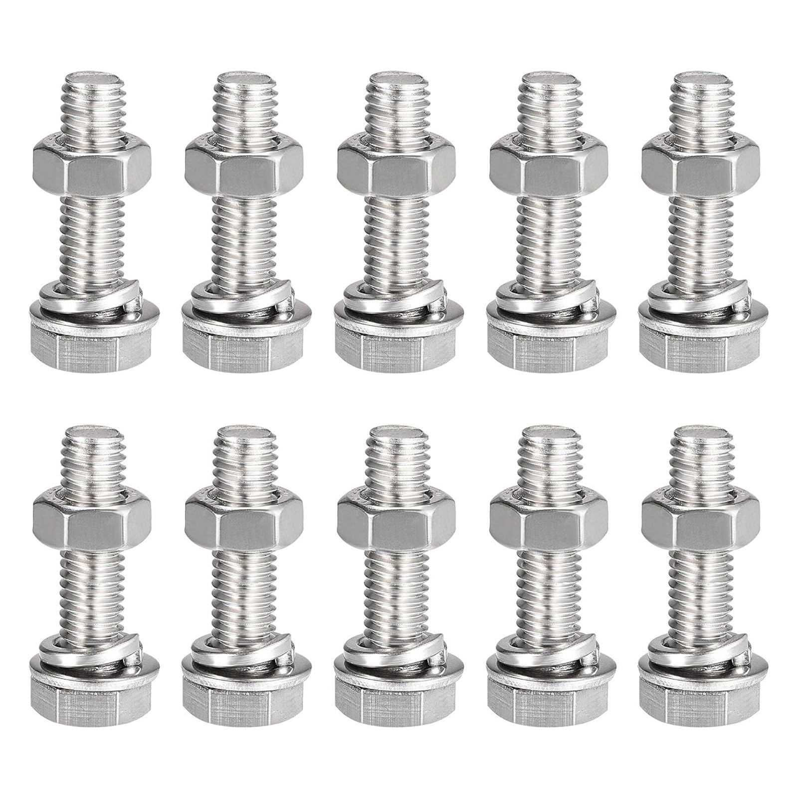 Boxonly M8x30mm Hex Head Screws Bolts, Nuts, Flat & Lock Washers Kits, 304 Stainless Steel Fully Thread Hexagon Bolts 10 Sets
