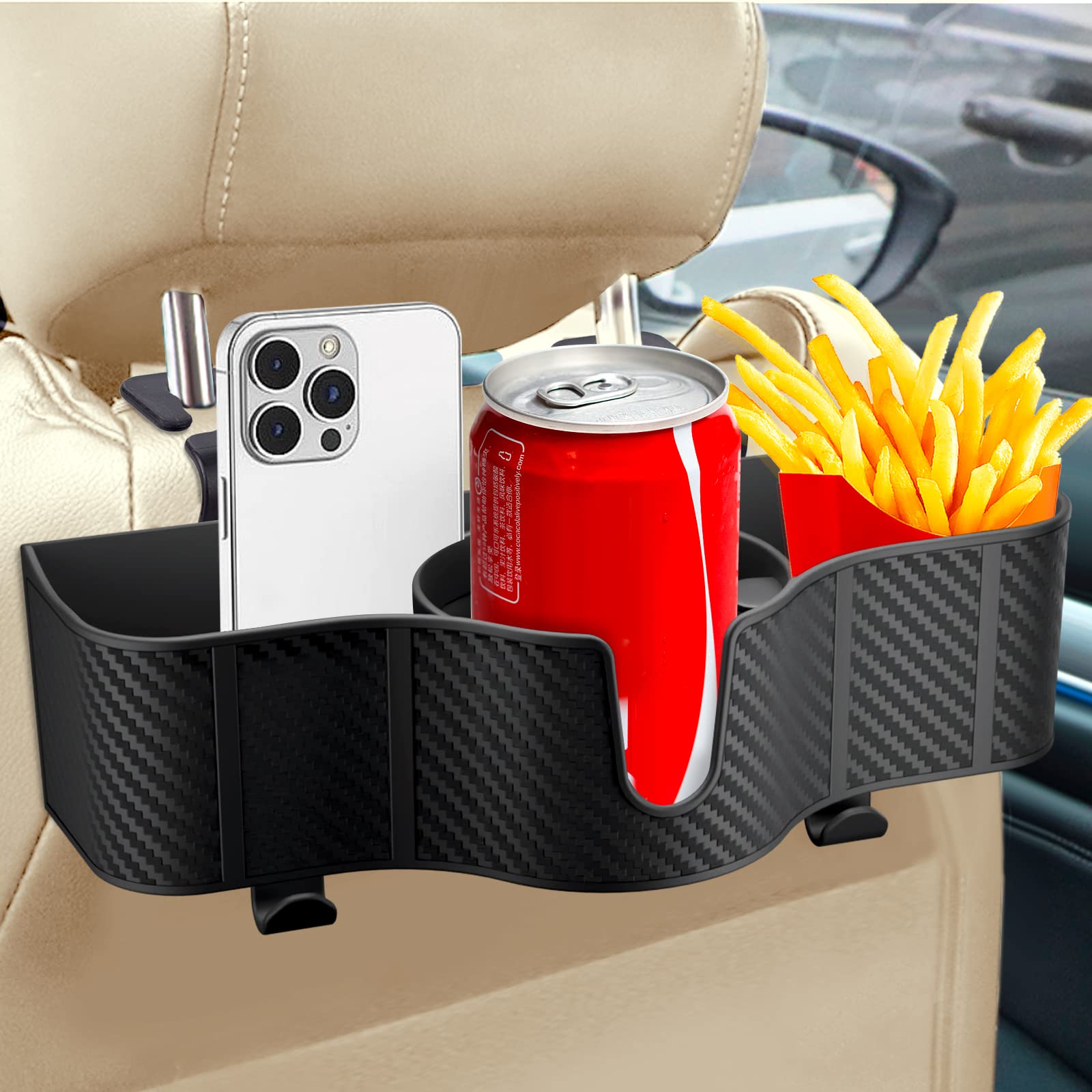 Photo 1 of OUSHASAA 3-in-1 Car Headrest Backseat Organizer with 3.7" Backseat Cup Holder for Car, Seat Back Organizer with Hooks