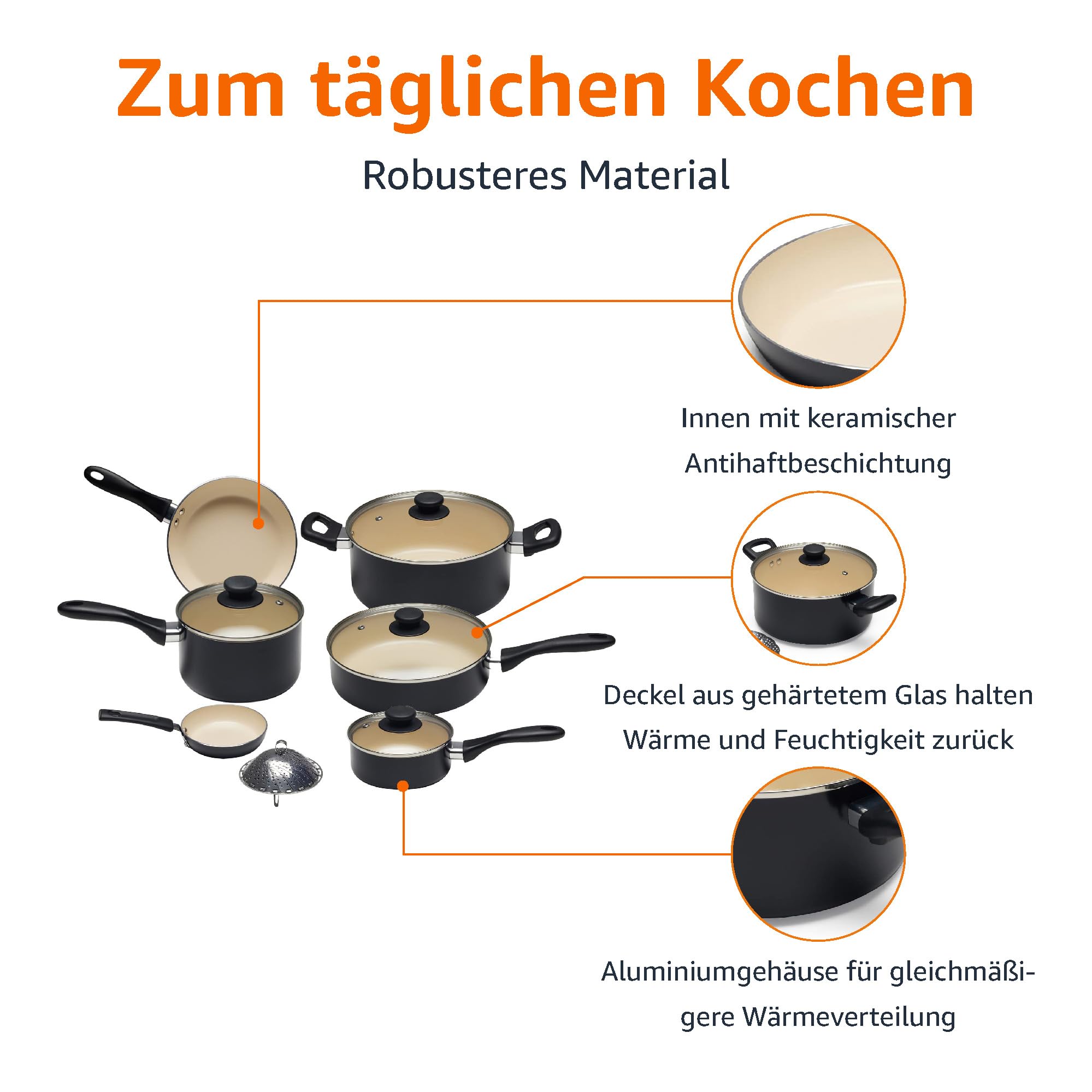 Amazon Basics 11-teiliges Kochgeschirr-Set mit Töpfen und Pfannen aus Keramik, antihaftbeschichtet, Schwarz/Creme 2