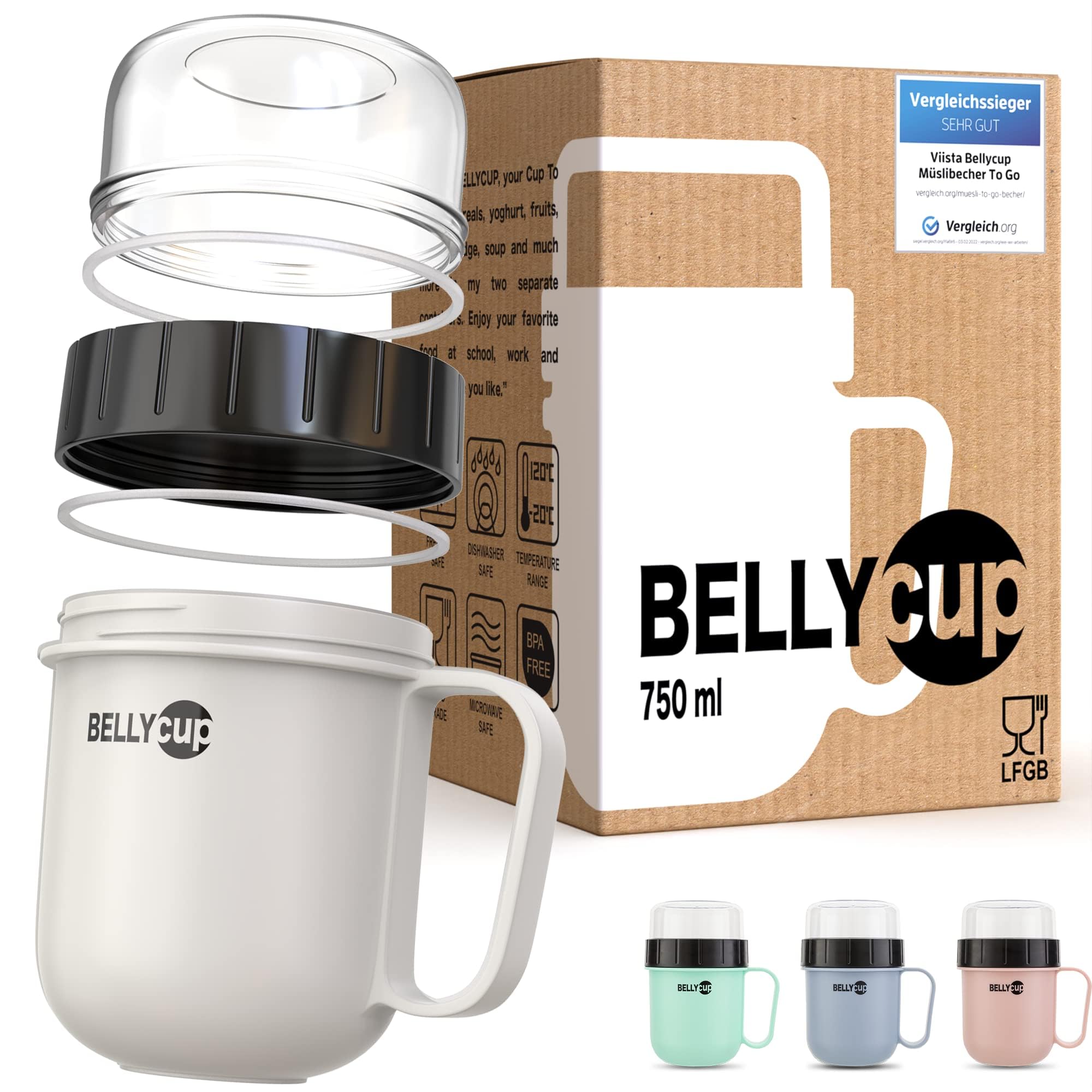 BELLYCUP Cereal Cup To Go - BPA - Your Practical Cereal Cup for Travelling - In Grey, Pink or Blue - Yogurt Porridge Salad Soups Porridge Mug To Go For The Perfect Meal Between grey