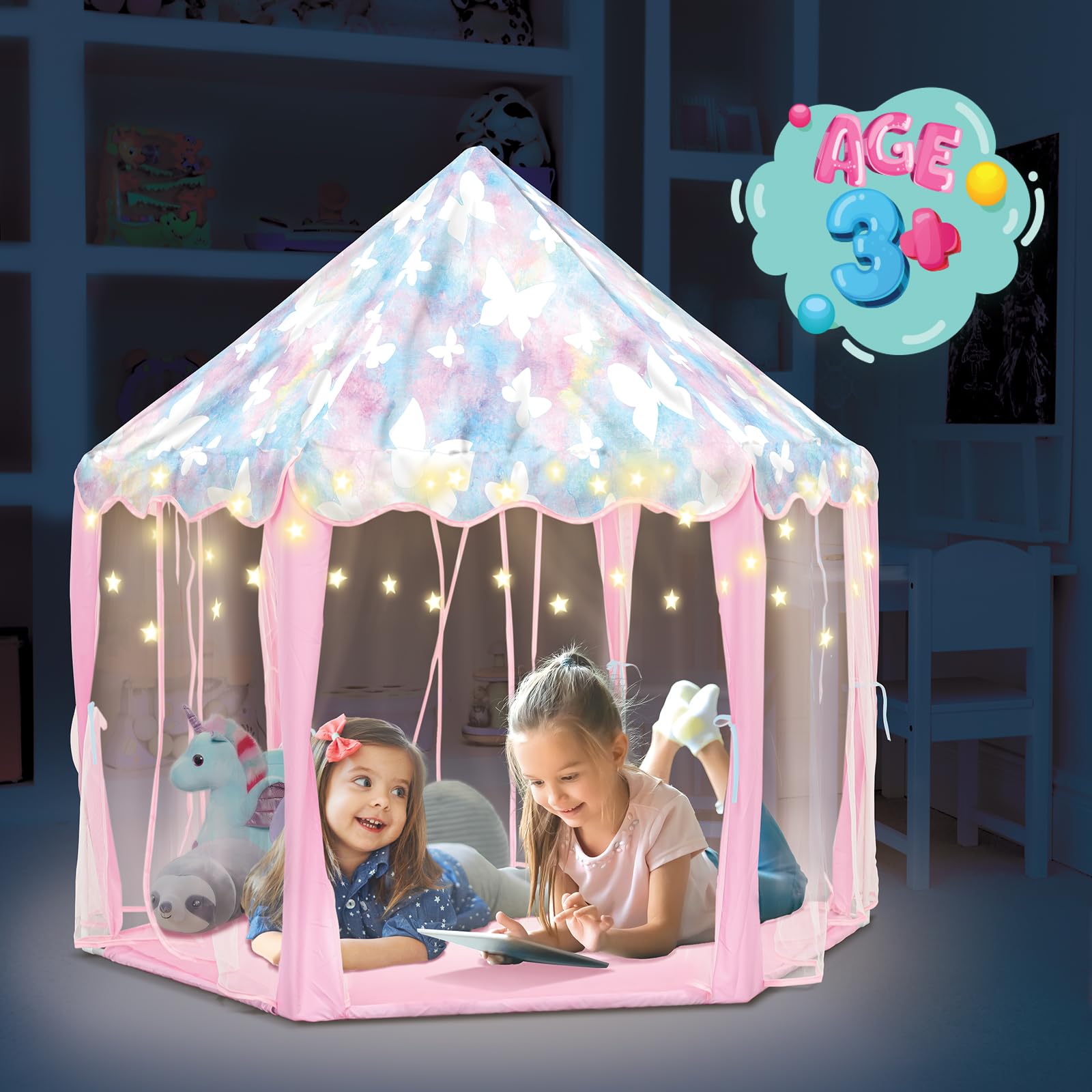 Heyu! Fairyland Fort Playhouse Play Tent with Star Lights Indoor and Outdoor Toys, Kids Butterfly Princess Castle for Children Gifts