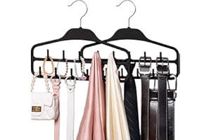 SMARTAKE 2 Pack Belt Hanger, 360 Degree Rotating Tie Rack with Hooks, Non-Slip Durable Hanging Closet Organizer Accessories Holder for Leather Belt, Bow Tie, Scarves and More, Black