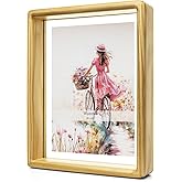Wontree 9x12 Floating Picture Frame, Nature Pine Wood with Double Sided Real Glass, Fits 8x10 Print or Display Any Size Photo up to 9x12, Wall Hanging or Tabletop Free-Standing