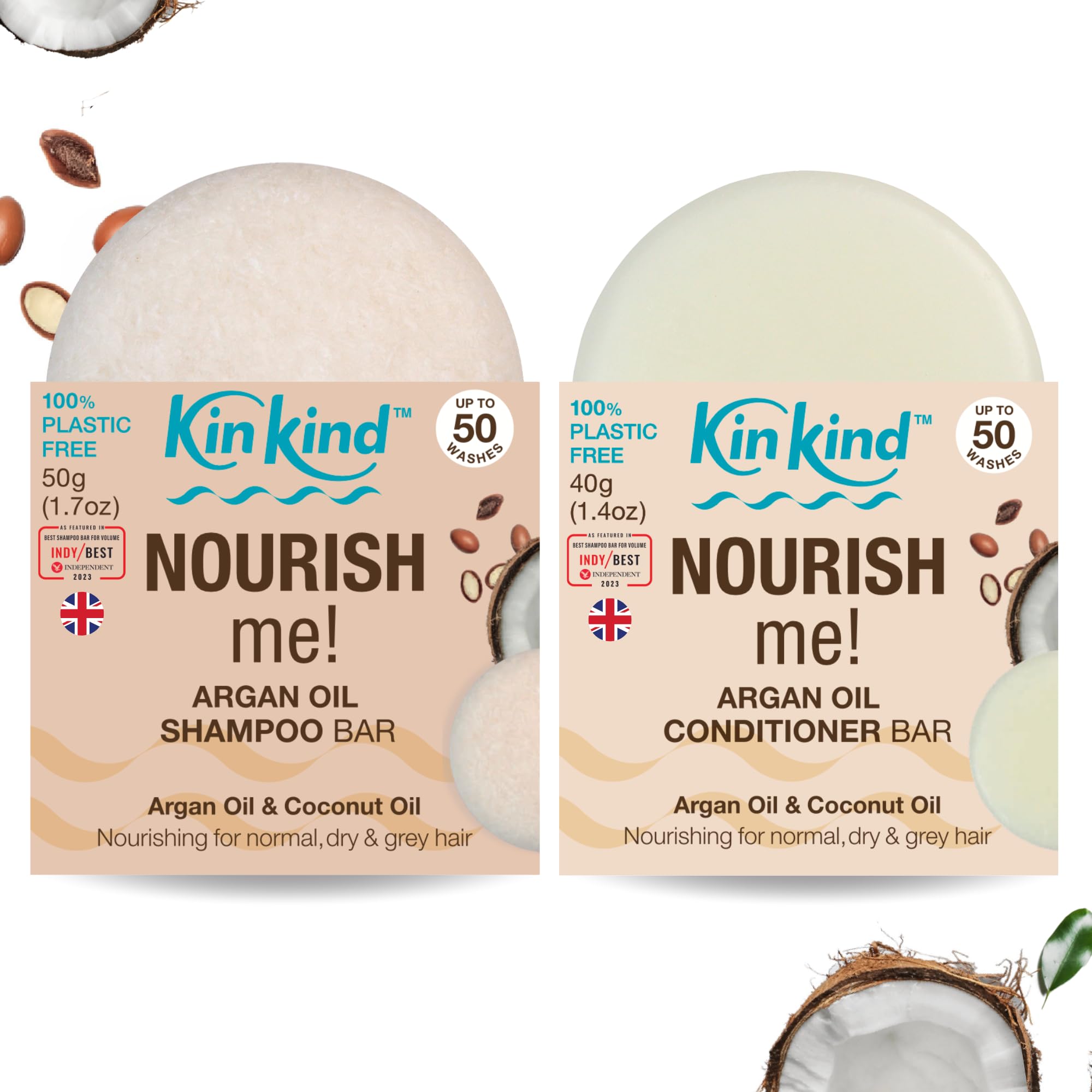 KinKind NOURISH me! Shampoo and Conditioner Bar Set. Argan Oil & Coconut Oil Shampoo Bar and Conditioner for Hydration & Softness, for Normal, Dry and Grey hair. For Travel. Up to 50 washes. UK made